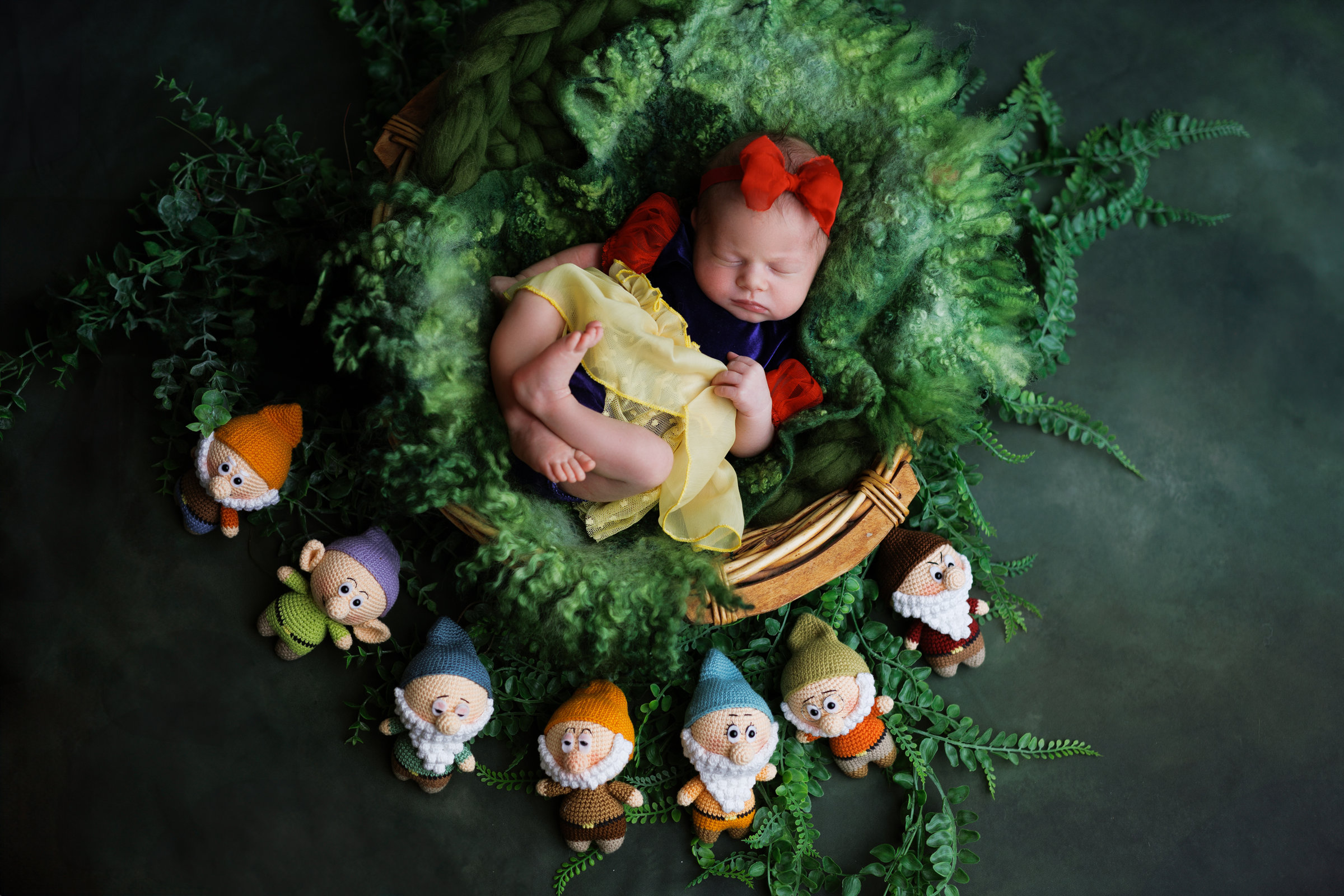 Tematska newborn fotografija, novorođenče u kostim Snjeguljice okruženo plišanim patuljcima